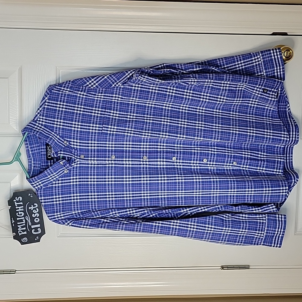 Chaps XL Dress Shirt Blue White Plaid Long Sleeve Mens
